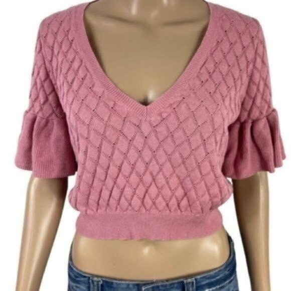 Revolve Tularosa Pink V-Neck Crop top dusty Rose flutter sleeve Sweater medium - Picture 1 of 8